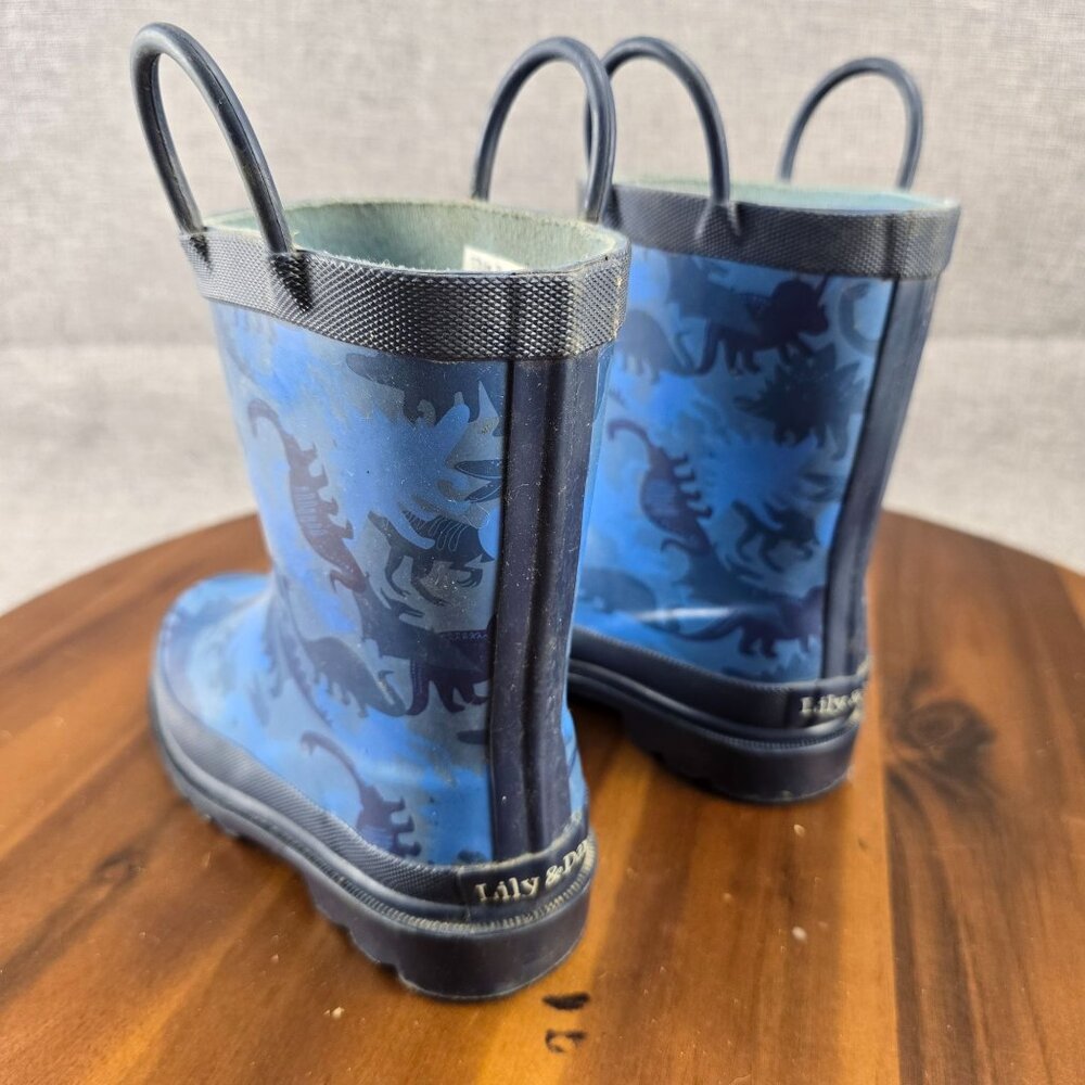 Kids Dinosaur Rubber Rain Boots By Lilly & Dan Size 11/12 Blue & Black - Picture 9 of 13